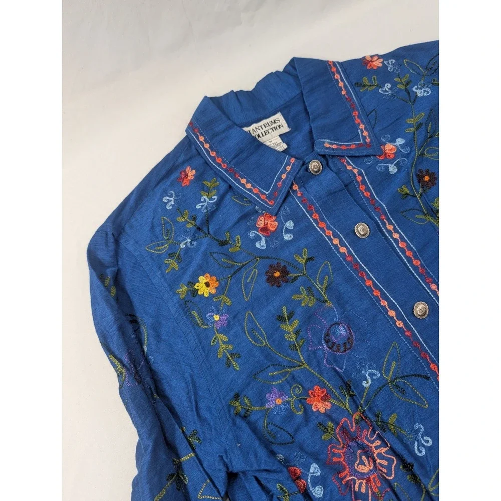 Vtg Tantrums Collection Metal Button‎ Front Shirt Silk Blend Floral Embroidery M